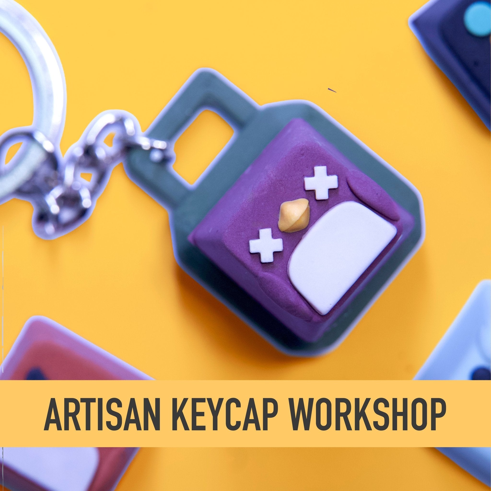 Artisan keycap with decorative elements on a yellow background, featuring the text 'Artisan Keycap Workshop'.