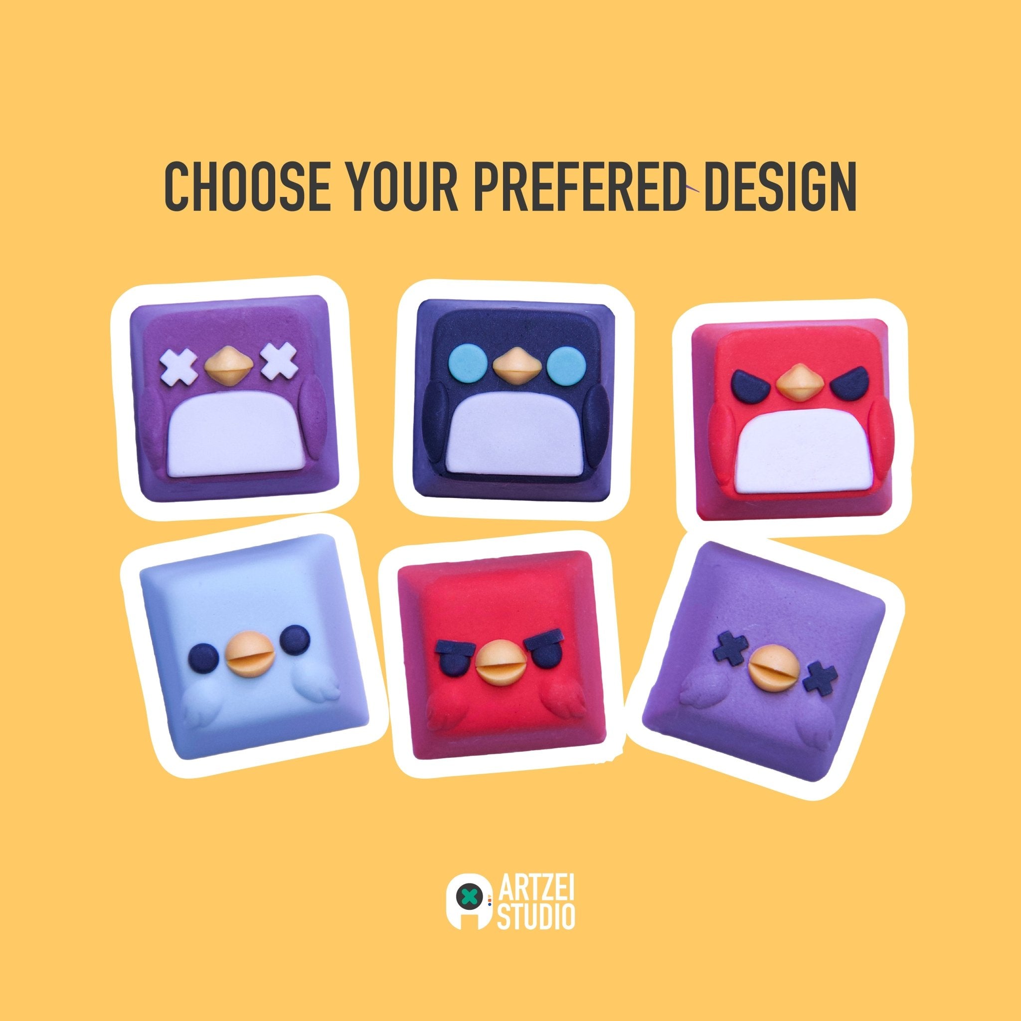 Six bird and penguin character keycap designs to choose from at Artzei Studio artisan keycap workshop