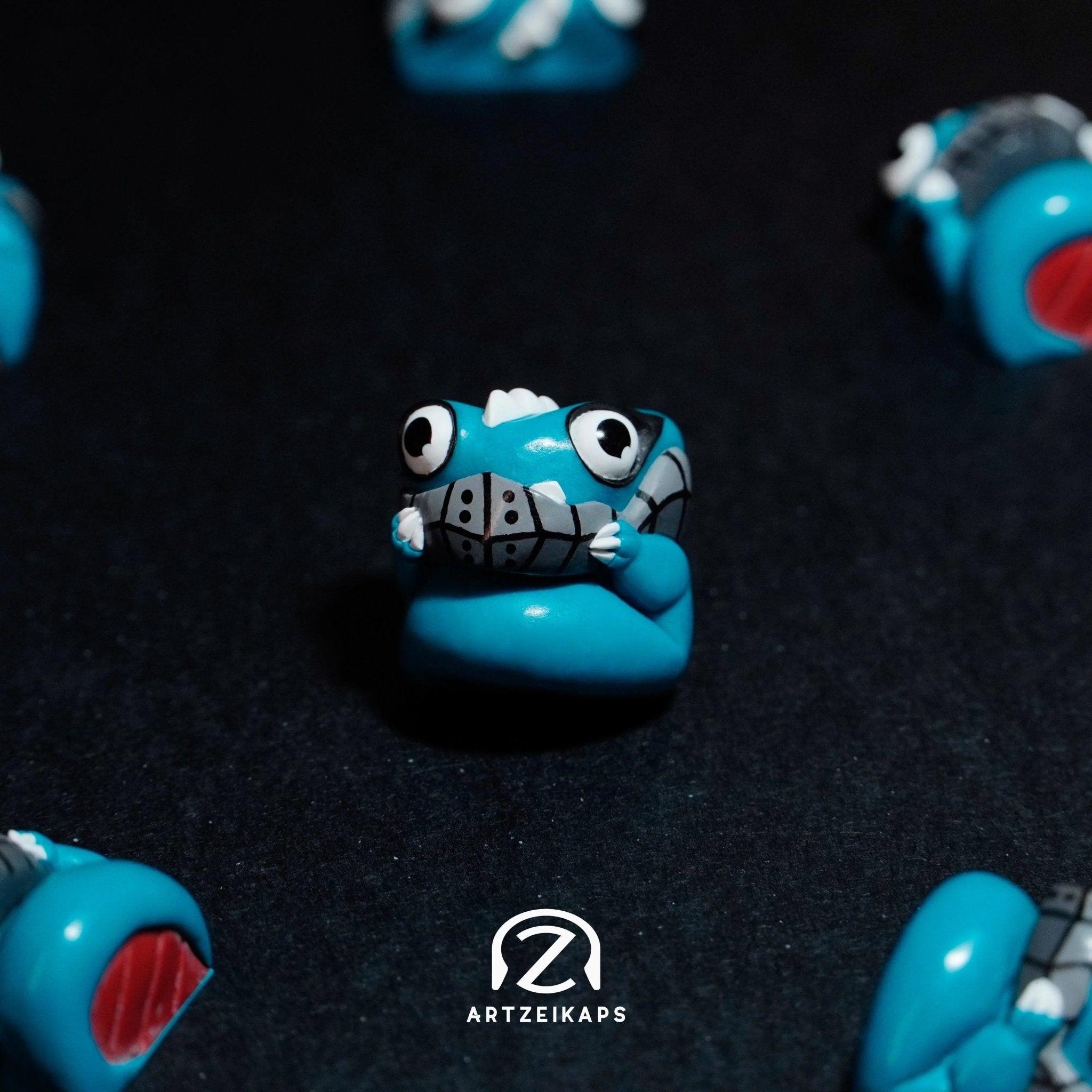 Chomper KDS Deku artisan keycap inspired by My Hero Academia, teal with grey armour details, solo close-up on dark background