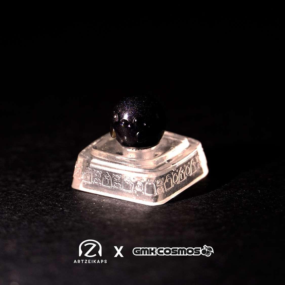 Cluckey's Chick GMK Cosmos artisan keycap on clear switch stem, dark background — Artzeikaps x GMK Cosmos collab