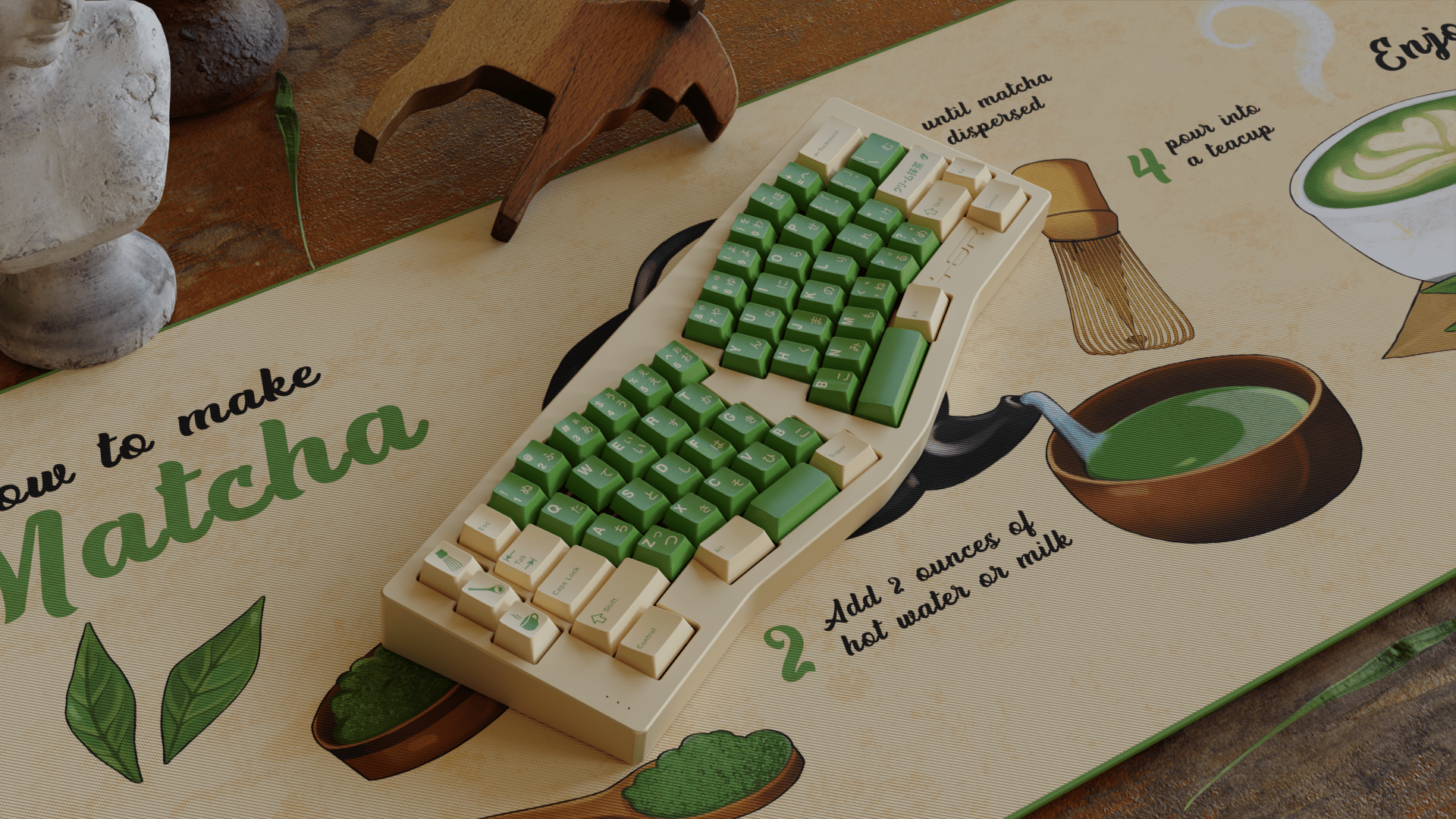 GMK Cream Matcha Keycap set on green matcha-themed keyboard with how-to-make matcha illustration background