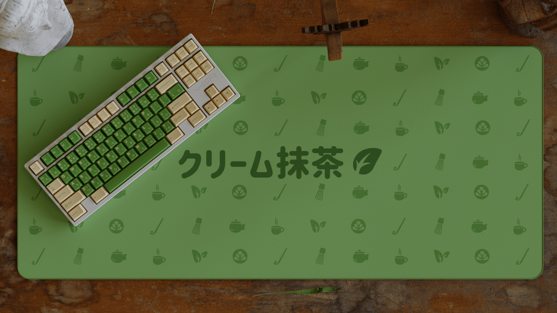 GMK Cream Matcha artisan keycap on Jane mechanical keyboard with Japanese text, top-down view Deskmat