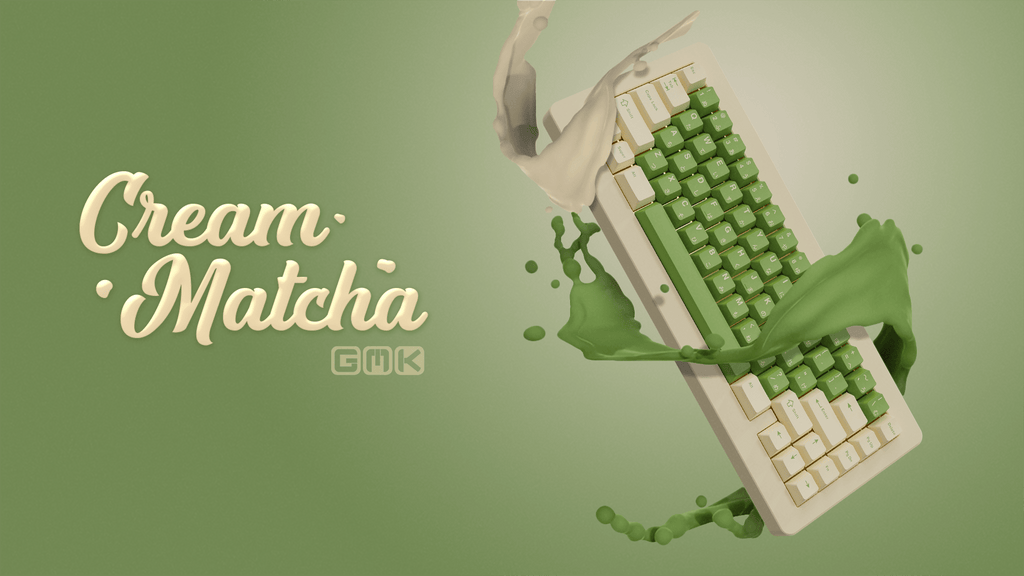Keyboard with green cream and matcha splashes on a green background, featuring the brand GMK