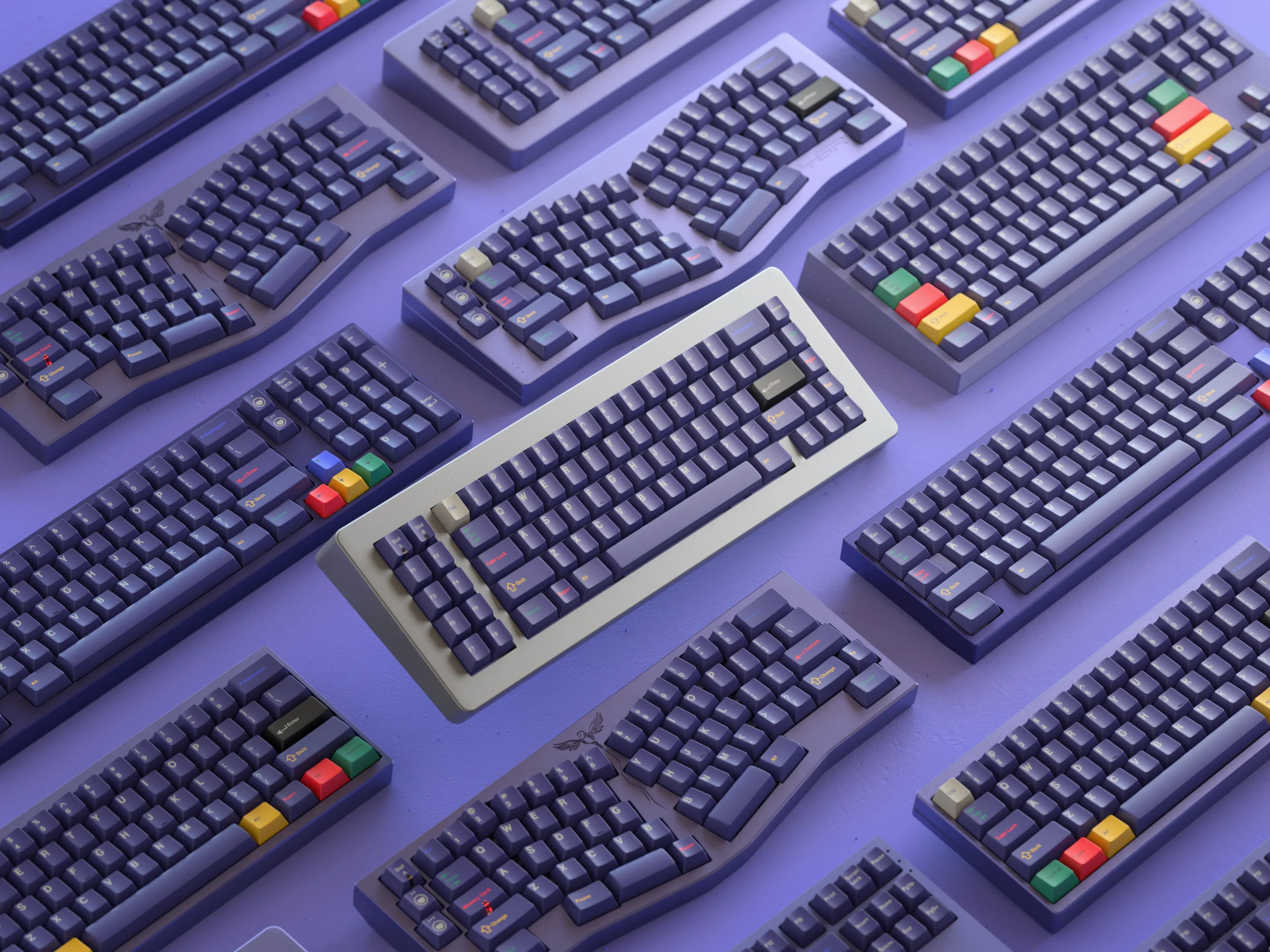 GMK Cubed keyboard layout render, purple background