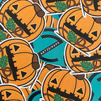 Stickers with pumpkin designs and 'Artzeikaps' branding on a blue background