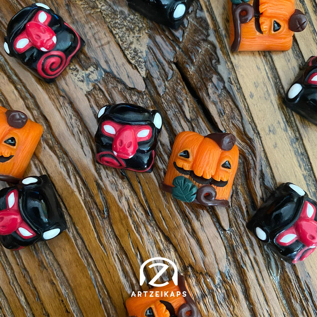 Halloween-themed lil' huey with smunkey blood vamp artisan keycap on wooden surface by Artzeikaps