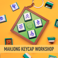 Mahjong wind tiles artisan keycap workshop poster featuring custom mechanical keyboard keycaps on a bright yellow background.