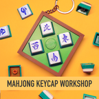 Mahjong wind tiles artisan keycap workshop poster featuring custom mechanical keyboard keycaps on a bright yellow background.