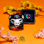 Smunkey GMK Mictlan artisan keycap dark colourway front and back view with marigold flowers on orange background